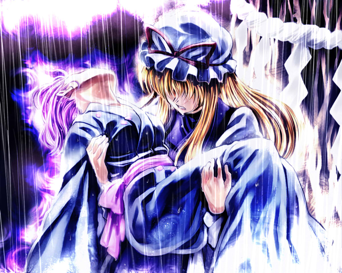 sakino shingetsu, saigyouji yuyuko, saigyouji yuyuko (living), yakumo yukari, touhou, 2girls, carrying, death, female focus, hat, multiple girls, princess carry, rain, rope, sad, shide, shimenawa, tears