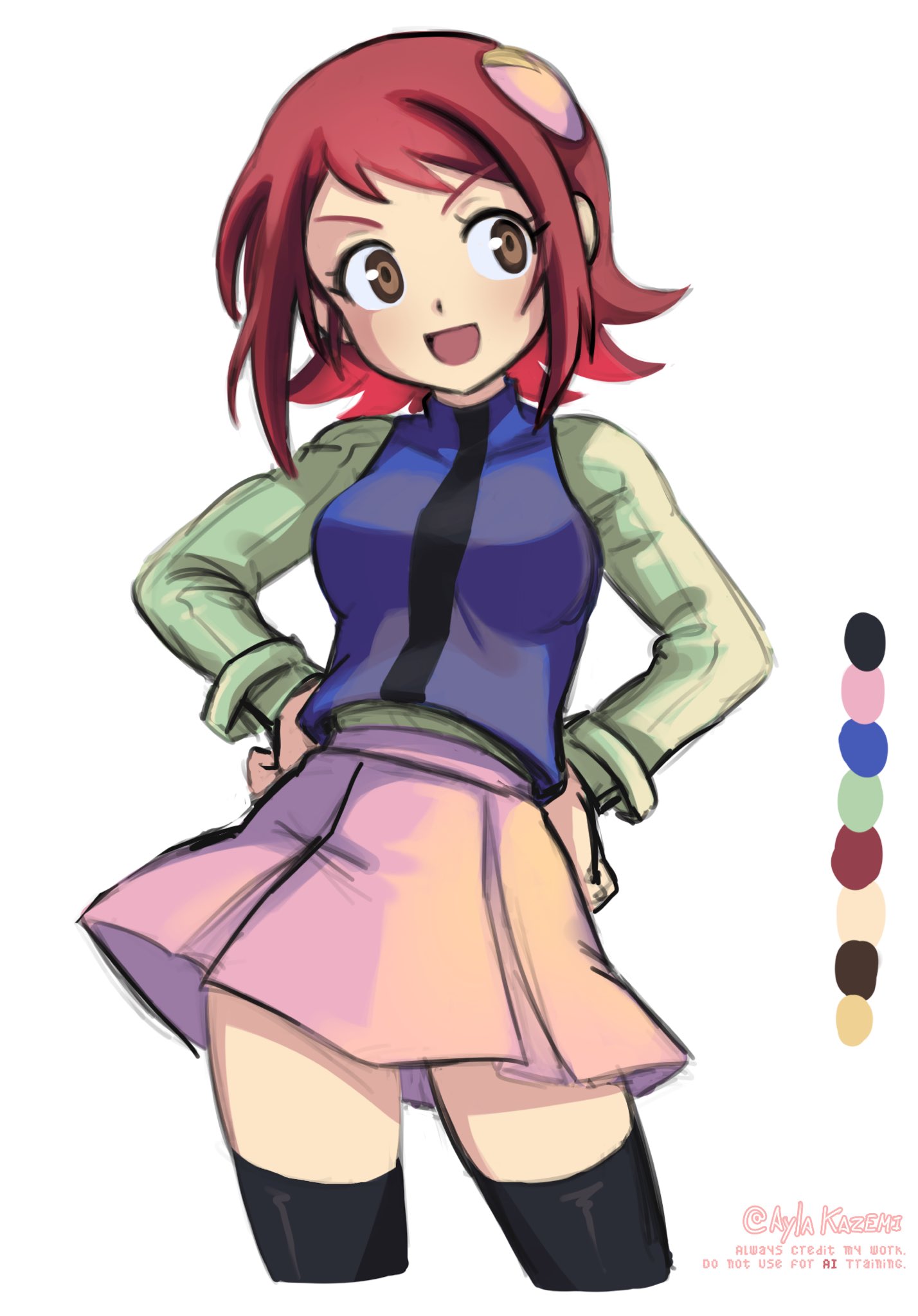 ayla kazemi, mayl sakurai (mega man), mega man (series), mega man battle network (series), commentary, english commentary, highres, 1girl, :d, black thighhighs, cowboy shot, facing away, hands on own hips, long sleeves, looking to the side, open mouth, pink skirt, red hair, short hair, skirt, smile, solo, thighhighs, twitter username, white background