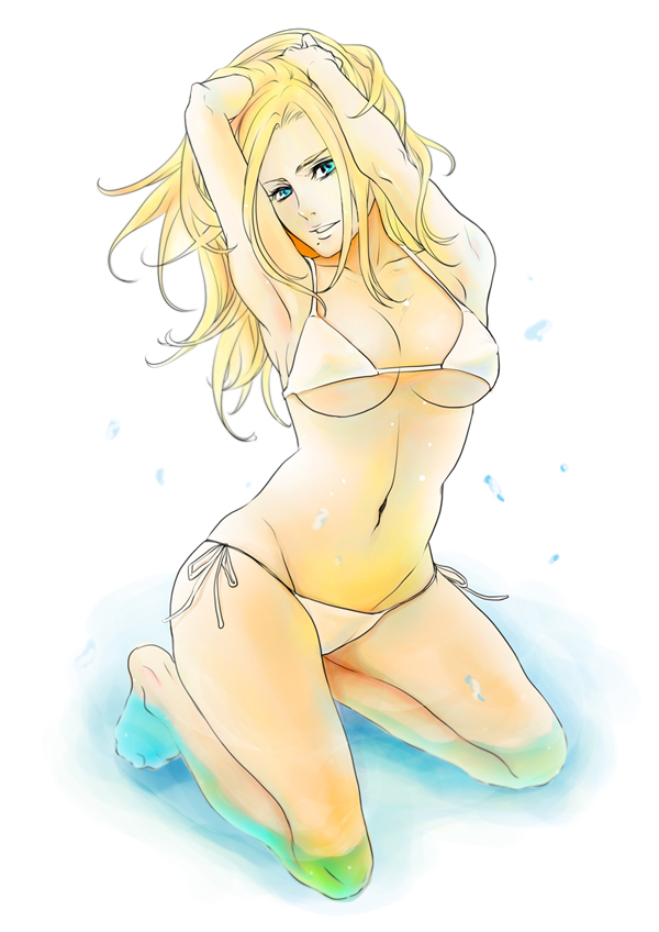 ta ko, matsumoto rangiku, bleach, bad id, bad pixiv id, 00s, 1girl, aqua eyes, armpits, arms behind head, arms up, barefoot, bikini, blonde hair, breasts, cleavage, female focus, kneeling, large breasts, long hair, mole, mole under mouth, side-tie bikini bottom, solo, swimsuit, underboob, water, white bikini