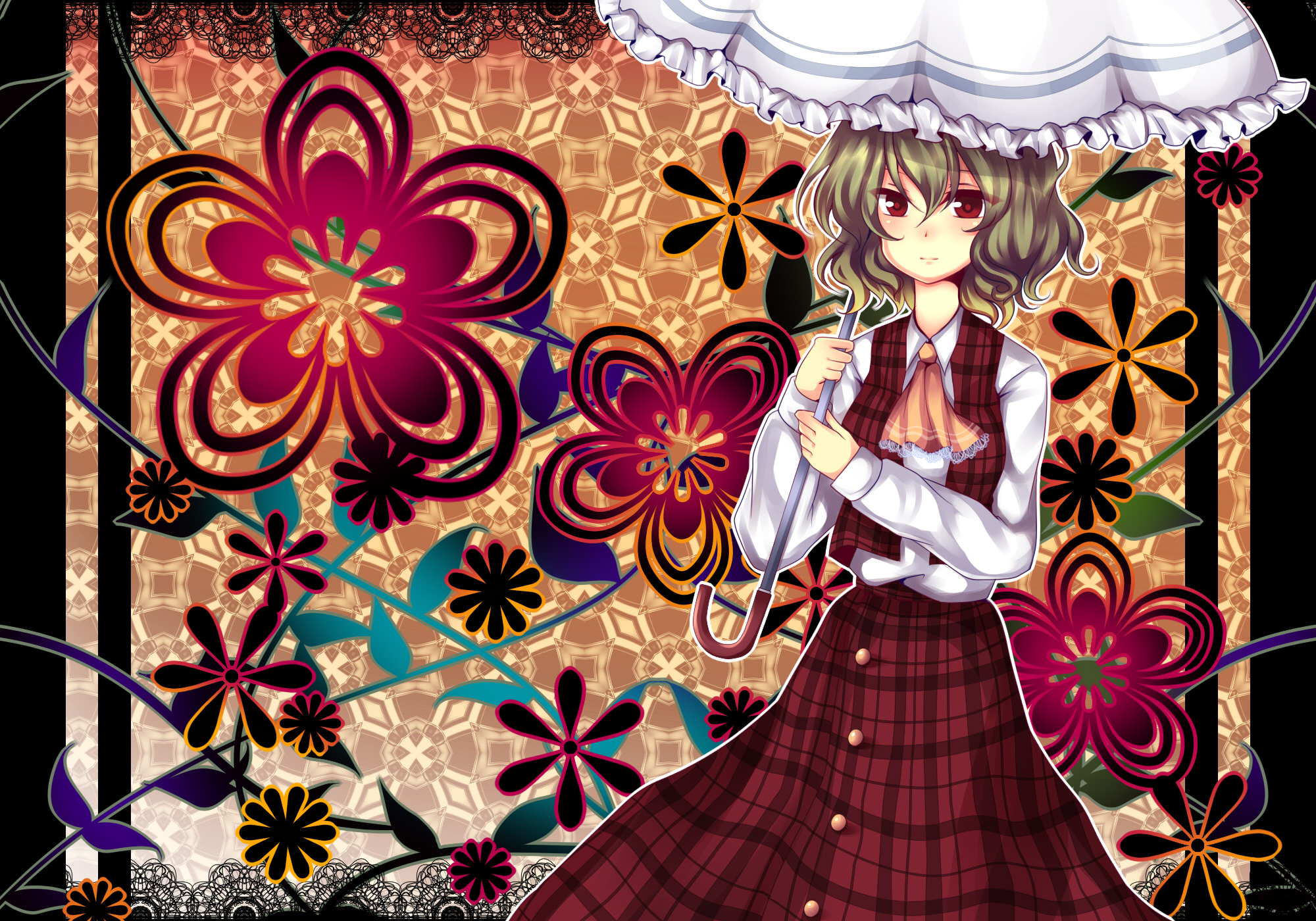 uranaishi (miraura), kazami yuuka, touhou, bad id, bad pixiv id, highres, 1girl, ascot, blush, female focus, floral background, green hair, parasol, plaid clothes, plaid skirt, plaid vest, red eyes, short hair, skirt, skirt set, solo, standing, umbrella, vest