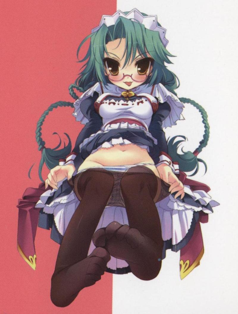 youta, kaku bunwa (koihime musou), koihime musou, scan, scan artifacts, 00s, 1girl, blush, bonnet, braid, brown eyes, clothes lift, clothes pull, dress, dress lift, feet, female focus, glasses, green hair, long hair, navel, no shoes, panties, panty pull, pantyhose, pantyhose pull, skirt, skirt lift, soles, solo, striped clothes, striped panties, toes, tongue, twintails, underwear, undressing