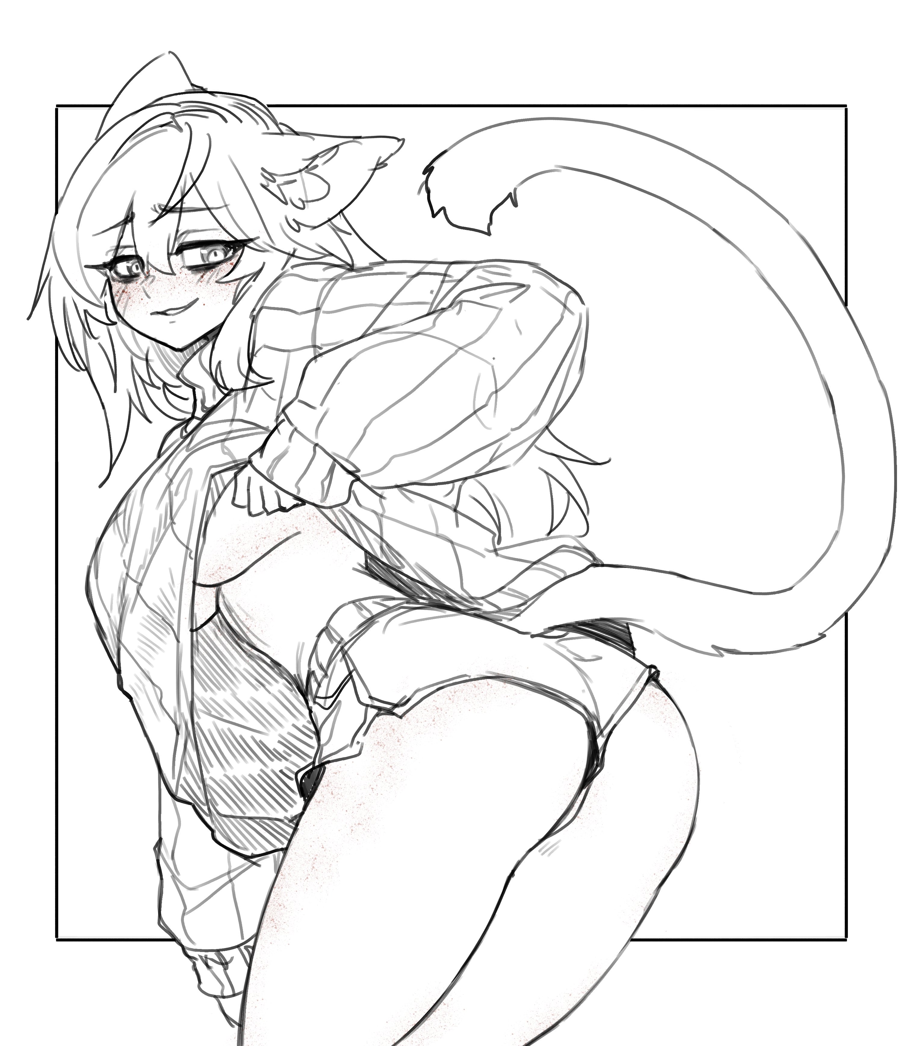 less, original, absurdres, commentary, english commentary, highres, 1girl, animal ear fluff, animal ears, ass, bare legs, borrowed character, breasts, cat ears, cat girl, cat tail, cowboy shot, from behind, greyscale, hair between eyes, large breasts, leaning forward, lifting own clothes, long sleeves, looking at viewer, looking back, monochrome, puffy long sleeves, puffy sleeves, ribbed sweater, short shorts, shorts, sleeves past wrists, smile, solo, sweater, tail, underboob, upshirt