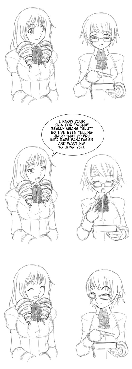 hakamichi shizune, mikado shiina, katawa shoujo, hard-translated, highres, long image, tall image, third-party edit, translated, 10s, 2girls, ^ ^, chopsticks, closed eyes, comic, drill hair, eating, glasses, greyscale, grin, long hair, monochrome, multiple girls, puffy sleeves, school uniform, sequential, short hair, sketch, smile, speech bubble, upper body