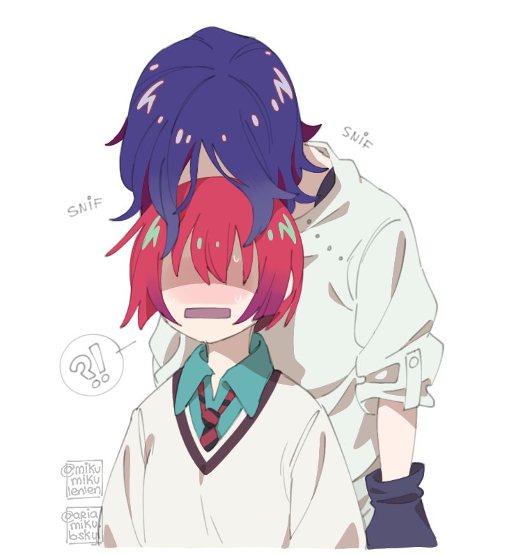 ariamikukanzaki, amate yuzuriha, shuji ito, gundam, gundam gquuuuuux, commentary, english commentary, !?, 1boy, 1girl, black gloves, blue hair, diagonal-striped clothes, diagonal-striped necktie, face in hair, faceless, faceless female, gloves, gradient hair, height difference, multicolored hair, necktie, red hair, shaded face, short hair, signature, sleeves pushed up, smelling, smelling hair, spoken interrobang, striped clothes, sweater, white sweater