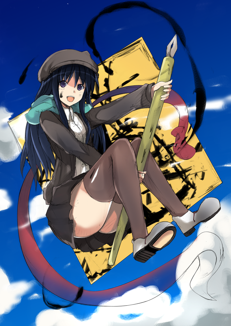 usugiri bacon, original, bad id, bad pixiv id, 1girl, beret, black hair, brown thighhighs, cardigan, cloud, day, female focus, floating, giant pen, hat, long hair, outdoors, oversized object, pen, purple eyes, sketch, sky, solo, thighhighs, writing, zettai ryouiki