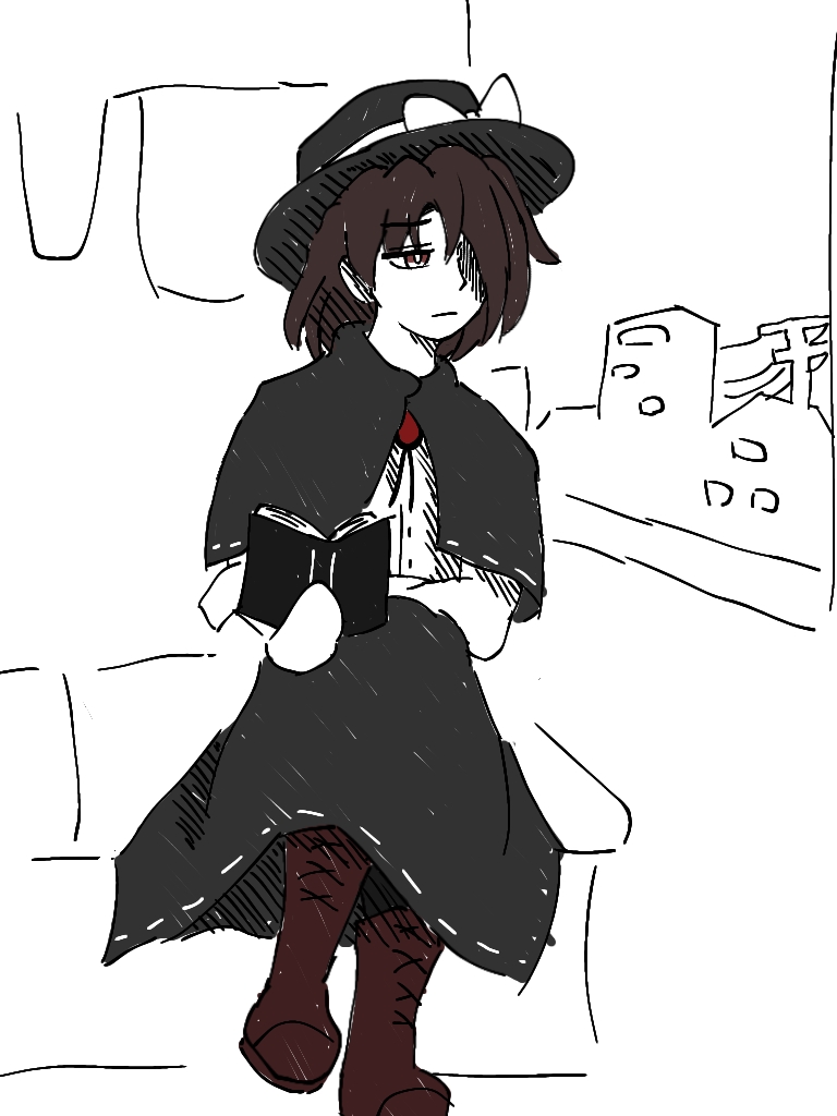 usami renko, touhou, 1girl, black capelet, black hat, black skirt, book, boots, bow, bowtie, brown boots, brown hair, building, buttons, capelet, closed mouth, dress shirt, hat, hat bow, holding, holding book, kannsoupannpa, long sleeves, one eye covered, red bow, red bowtie, shirt, short hair, sitting, skirt, train interior, utility pole, white bow, white shirt