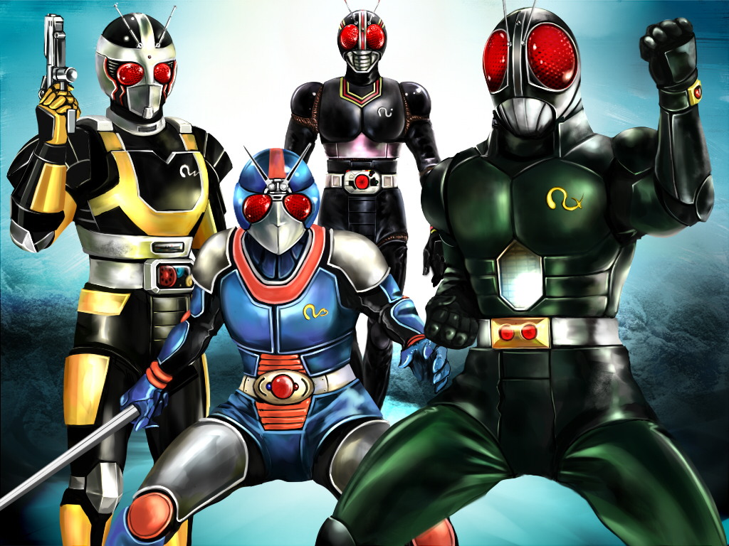sei mon, biorider, kamen rider black, kamen rider black rx, roborider, kamen rider, kamen rider black (series), kamen rider black rx (series), 4boys, antennae, belt, gun, kiyoshiu2606mon, male focus, masked rider, multiple boys, multiple persona, sword, weapon