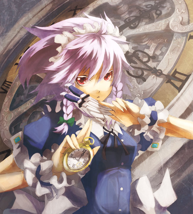 9ji, 9ji (8giri), izayoi sakuya, embodiment of scarlet devil, touhou, light purple hair, silver hair, 1girl, :<, between fingers, braid, clock, colored eyelashes, female focus, holding, knife, maid headdress, pocket watch, red eyes, solo, twin braids, watch, wrist cuffs