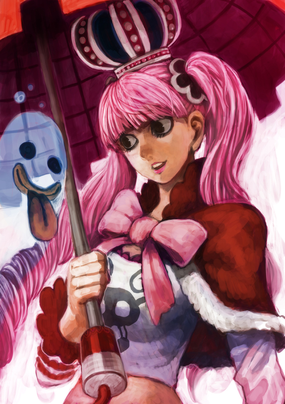 lack, perona, one piece, 1girl, bow, capelet, crown, female focus, fur trim, ghost, long hair, long sleeves, painterly, parasol, pink hair, red crown, ribbon, short cape, solo, tongue, twintails, umbrella