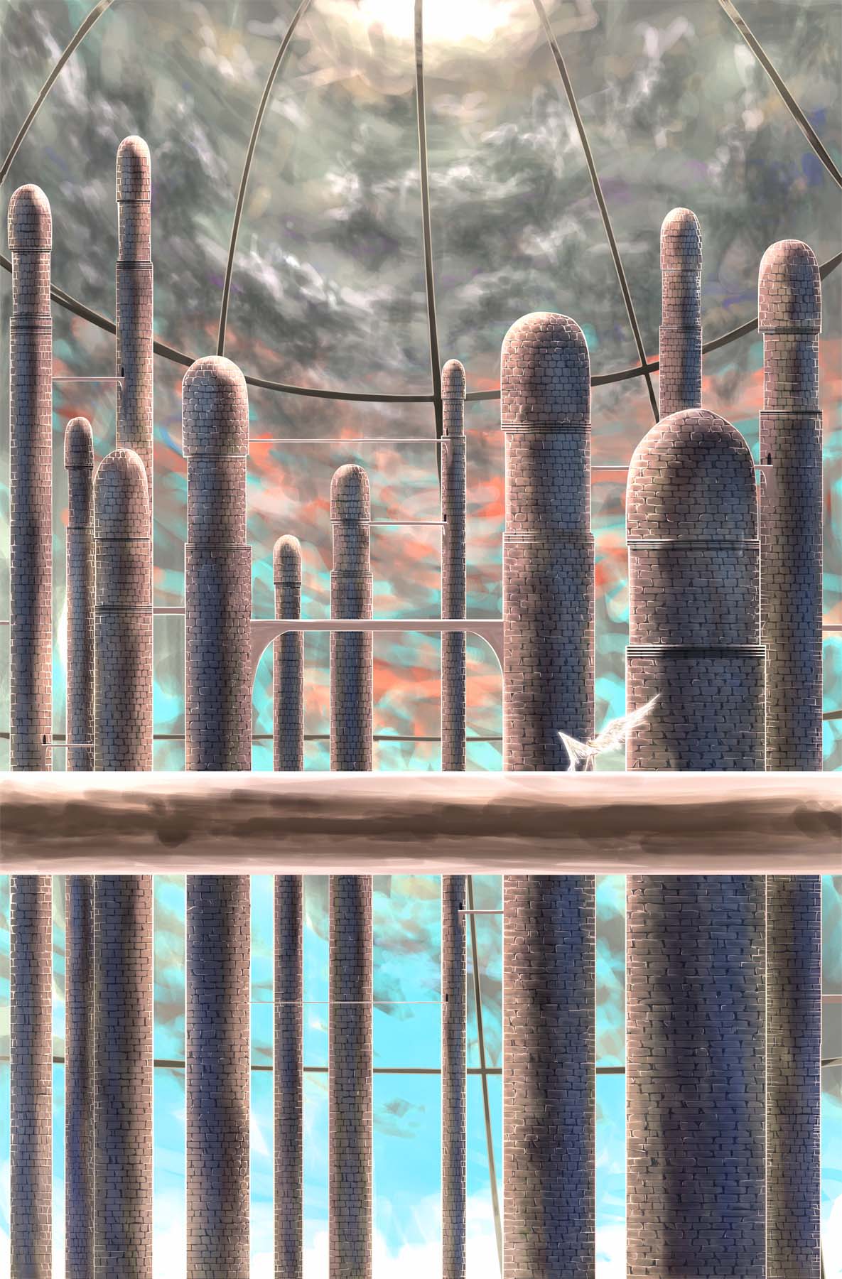 eko, original, bad id, bad pixiv id, highres, angel, bridge, cloud, grand scale, landscape, phallic symbol, scenery, sky, solo, tower, wings