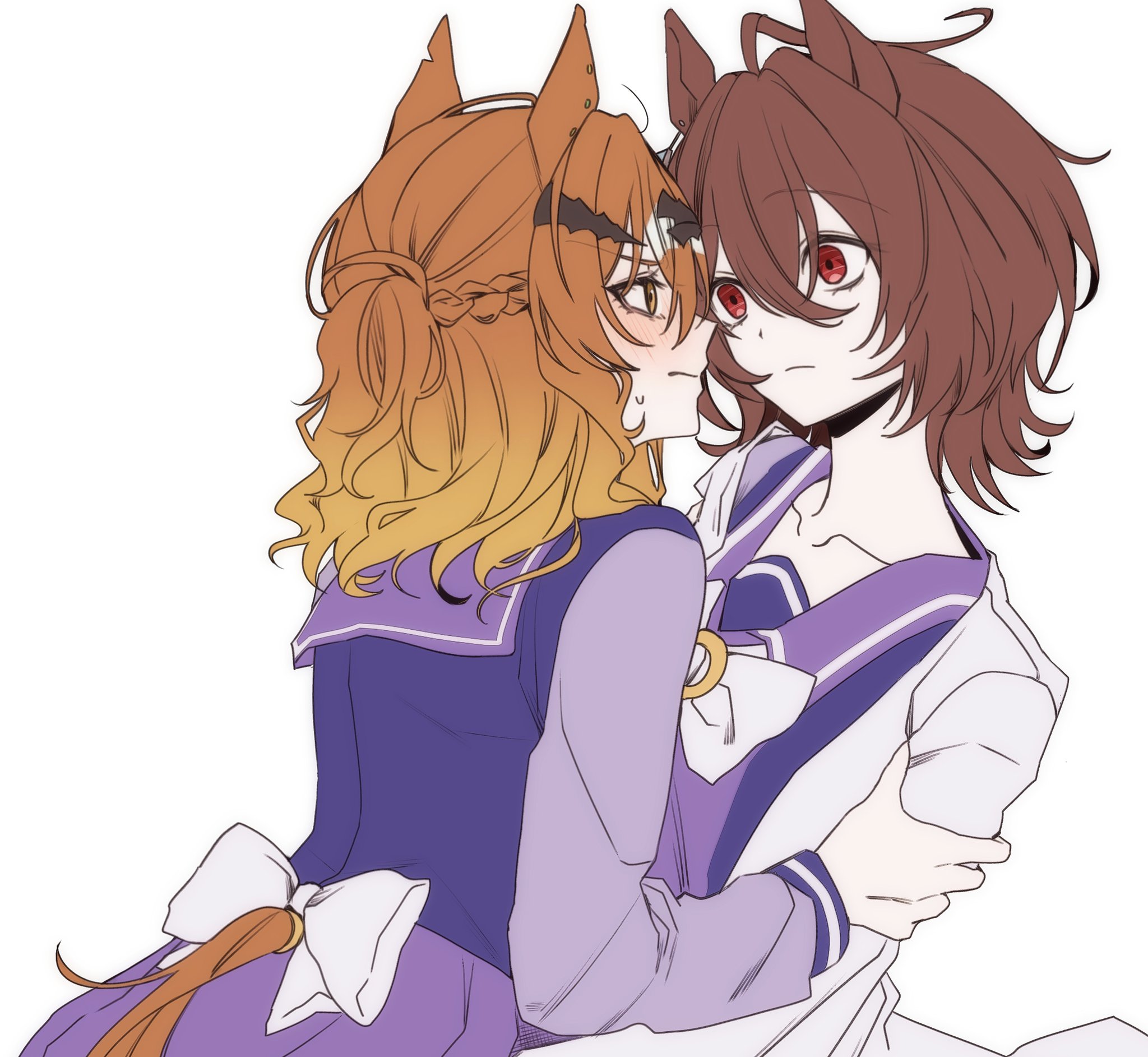 agnes tachyon (umamusume), jungle pocket (umamusume), umamusume, commentary, hashtag-only commentary, highres, 2girls, animal ears, blush, bow, bowtie, braid, brown eyes, brown hair, closed mouth, eong 1009, half up braid, hand on another's arm, horse ears, horse girl, horse tail, medium hair, multiple girls, parted lips, purple sash, purple serafuku, purple shirt, purple skirt, red eyes, sash, school uniform, serafuku, shirt, simple background, skirt, sweat, tail, tracen school uniform, white background, white bow, white bowtie, yuri