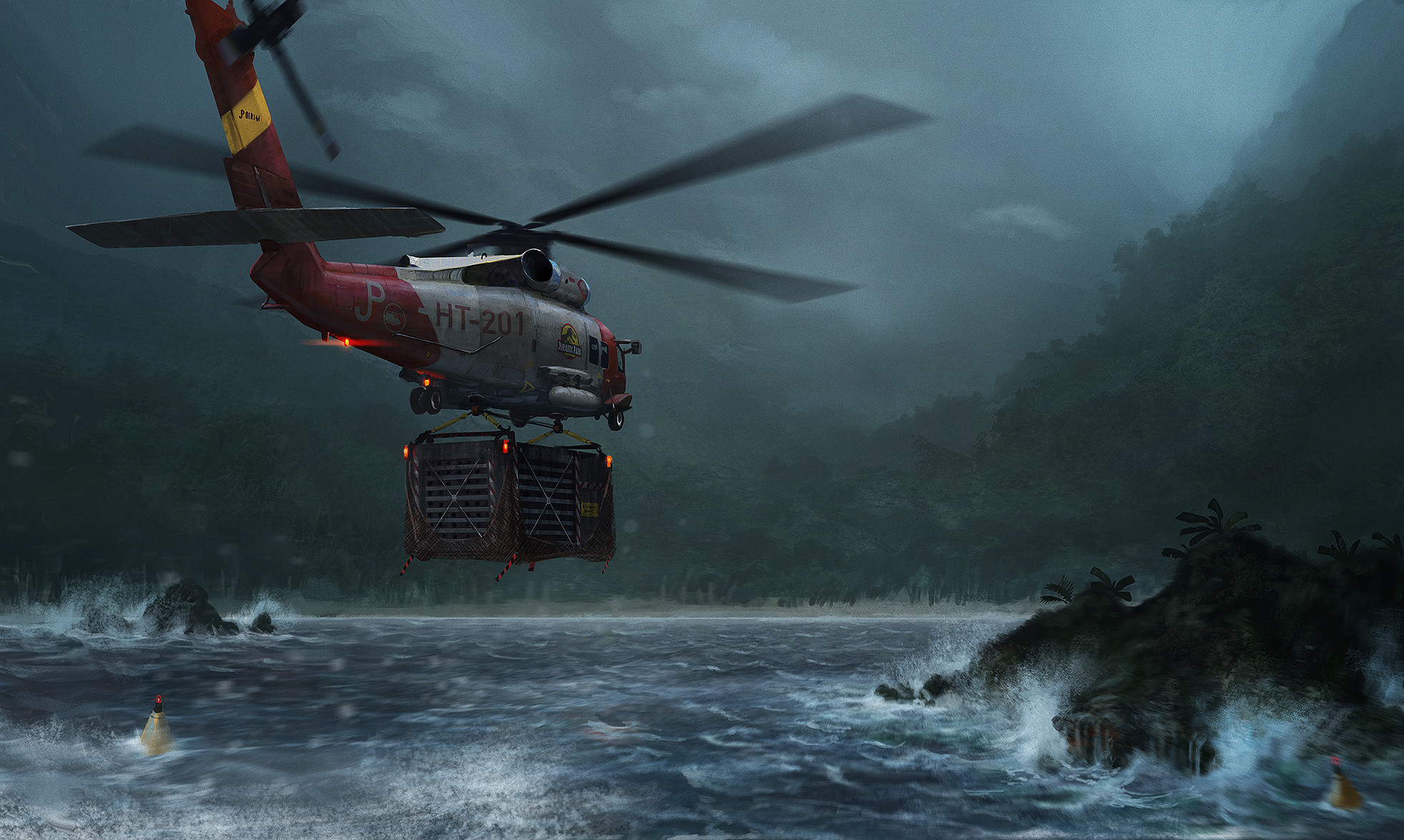edouard groult, jurassic park, highres, vehicle request, aircraft, breaking wave, buoy, crate, fern, fog, helicopter, island, jungle, nature, no humans, rock, waves