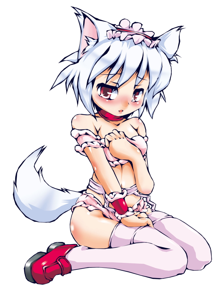 sukiyo, inubashiri momiji, touhou, silver hair, 1girl, animal ears, blush, female focus, full body, headdress, kneeling, midriff, pink thighhighs, red eyes, short hair, simple background, solo, tail, thighhighs, white background, wolf ears, wolf tail