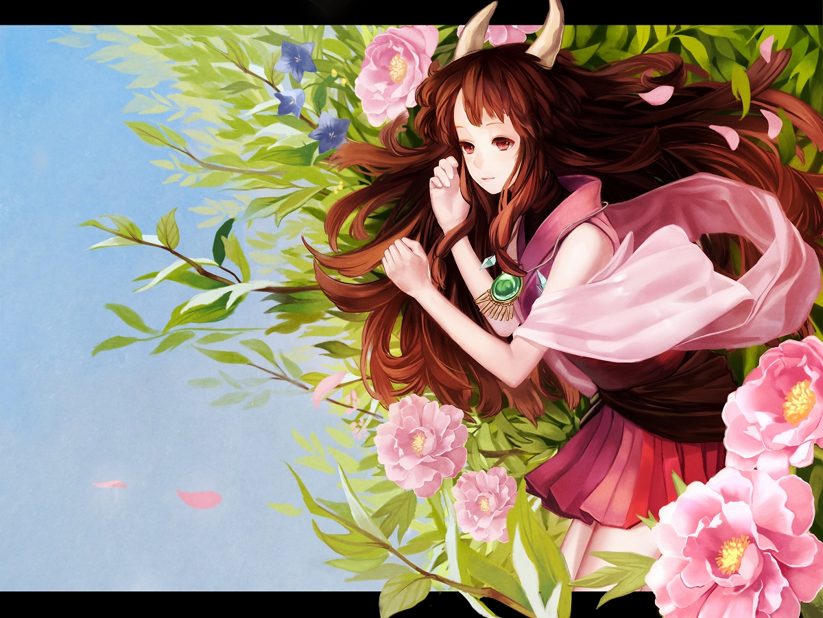 siro (asteblanc), naga (staygarden), ryuujin naga, bad id, bad pixiv id, 1girl, bare shoulders, bellflower, brown eyes, brown hair, camellia, female focus, flower, grass, horns, letterboxed, long hair, lying, on back, petals, sideways, skirt, solo