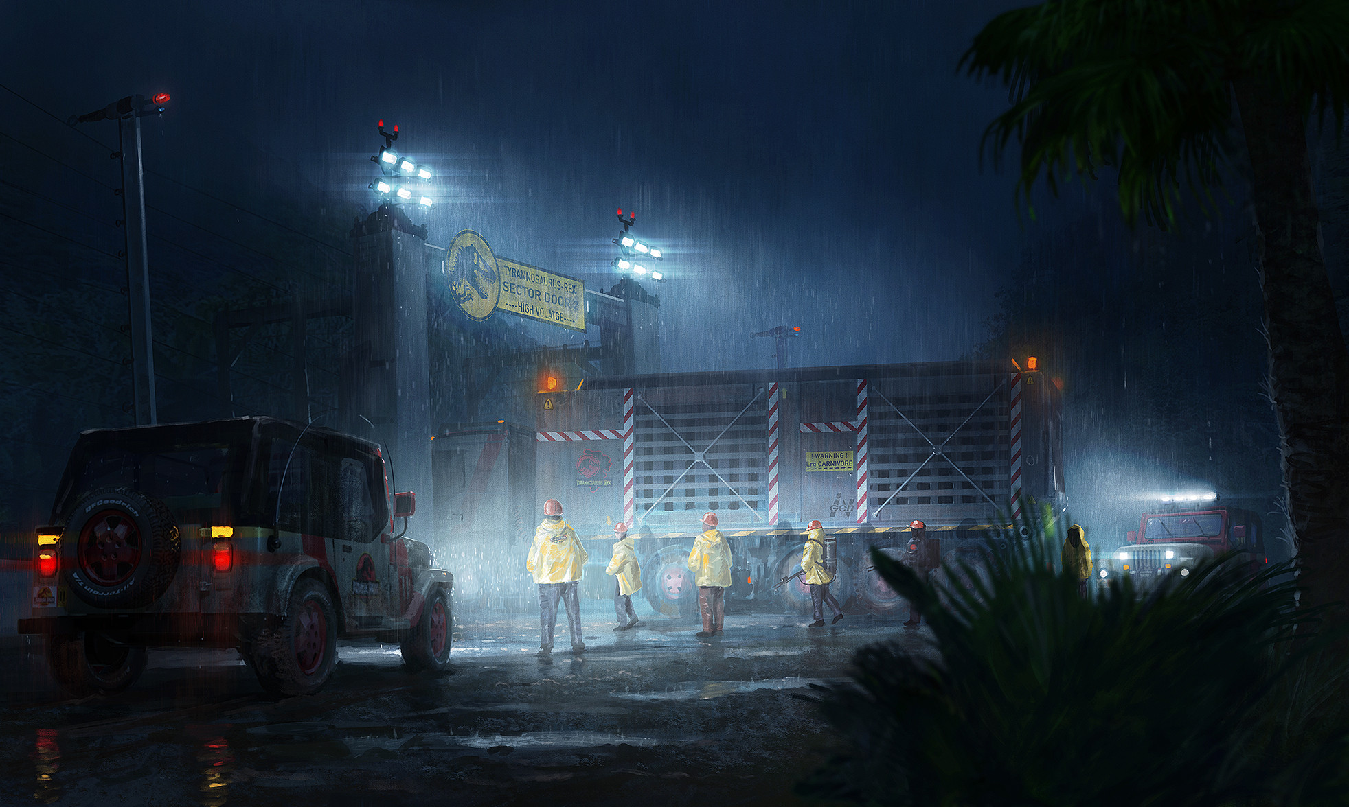 edouard groult, jurassic park, highres, 6+boys, cage, english text, fence, fern, floodlights, jeep wrangler, jungle, motor vehicle, multiple boys, nature, night, outdoors, palm tree, puddle, radio antenna, rain, tree, truck