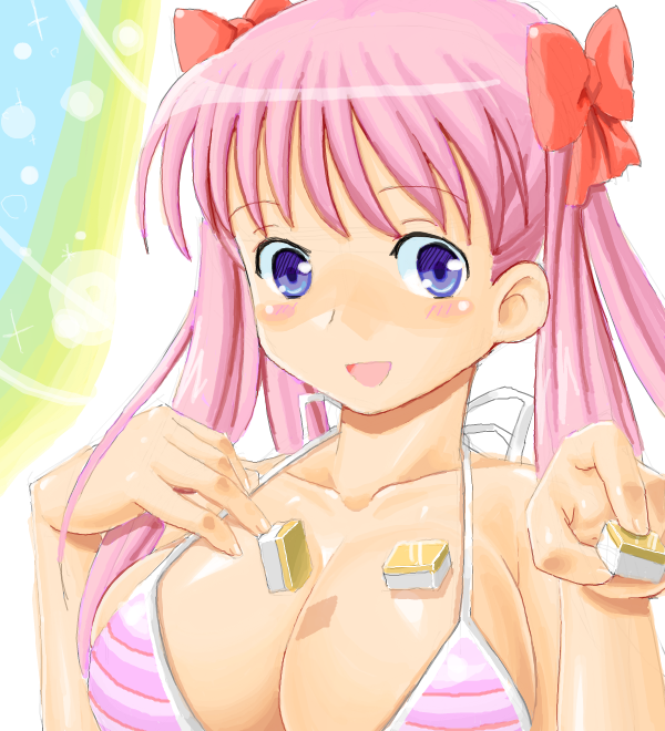 zouzou, haramura nodoka, saki (manga), 00s, 1girl, bikini, board game, breasts, cleavage, female focus, holding, holding mahjong tile, mahjong, mahjong tile, pink bikini, pink hair, solo, striped bikini, striped clothes, swimsuit, upper body