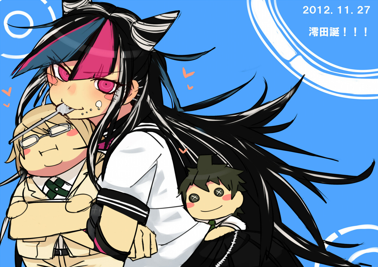 yomosaka, hinata hajime, mioda ibuki, togami byakuya (danganronpa 2), danganronpa (series), danganronpa 2: goodbye despair, commentary request, 1girl, black hair, black sailor collar, blush stickers, character doll, cone hair bun, dated, doll, double bun, food, food on face, hair bun, heart, holding, long hair, multicolored hair, pink eyes, pink hair, sailor collar, school uniform, serafuku, short sleeves, simple background, solo, streaked hair, very long hair, white hair