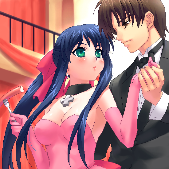 zen, aizawa yuuichi, kawasumi mai, kanon, 1boy, 1girl, blue hair, blush, breasts, brown eyes, brown hair, cleavage, couple, dress, eating, elbow gloves, food, gloves, green eyes, hetero, large breasts, long hair, oekaki, sausage, short hair