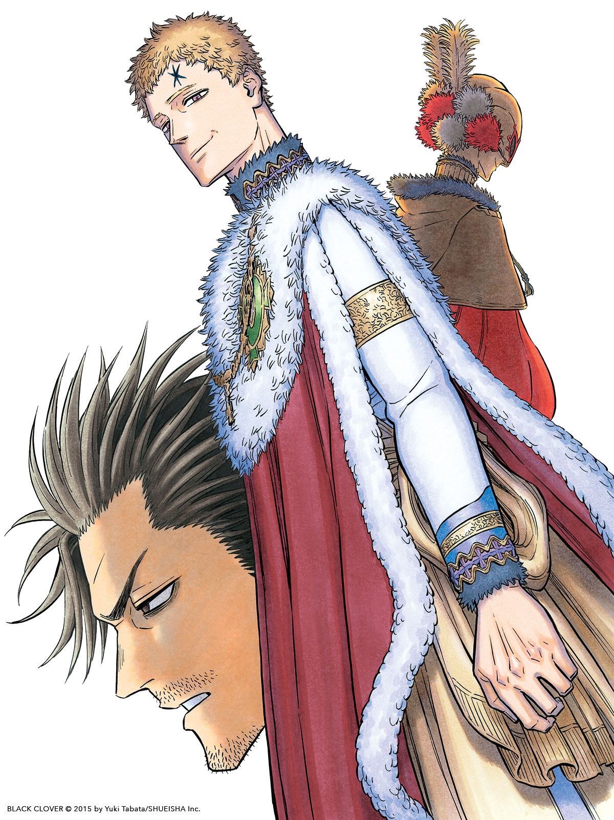 tabata yuuki, julius novachrono, william vangeance, yami sukehiro, black clover, highres, official art, 3boys, black hair, blonde hair, brown eyes, english text, facial hair, forehead tattoo, fur trim, multiple boys, short hair, simple background, stubble, tattoo, white background