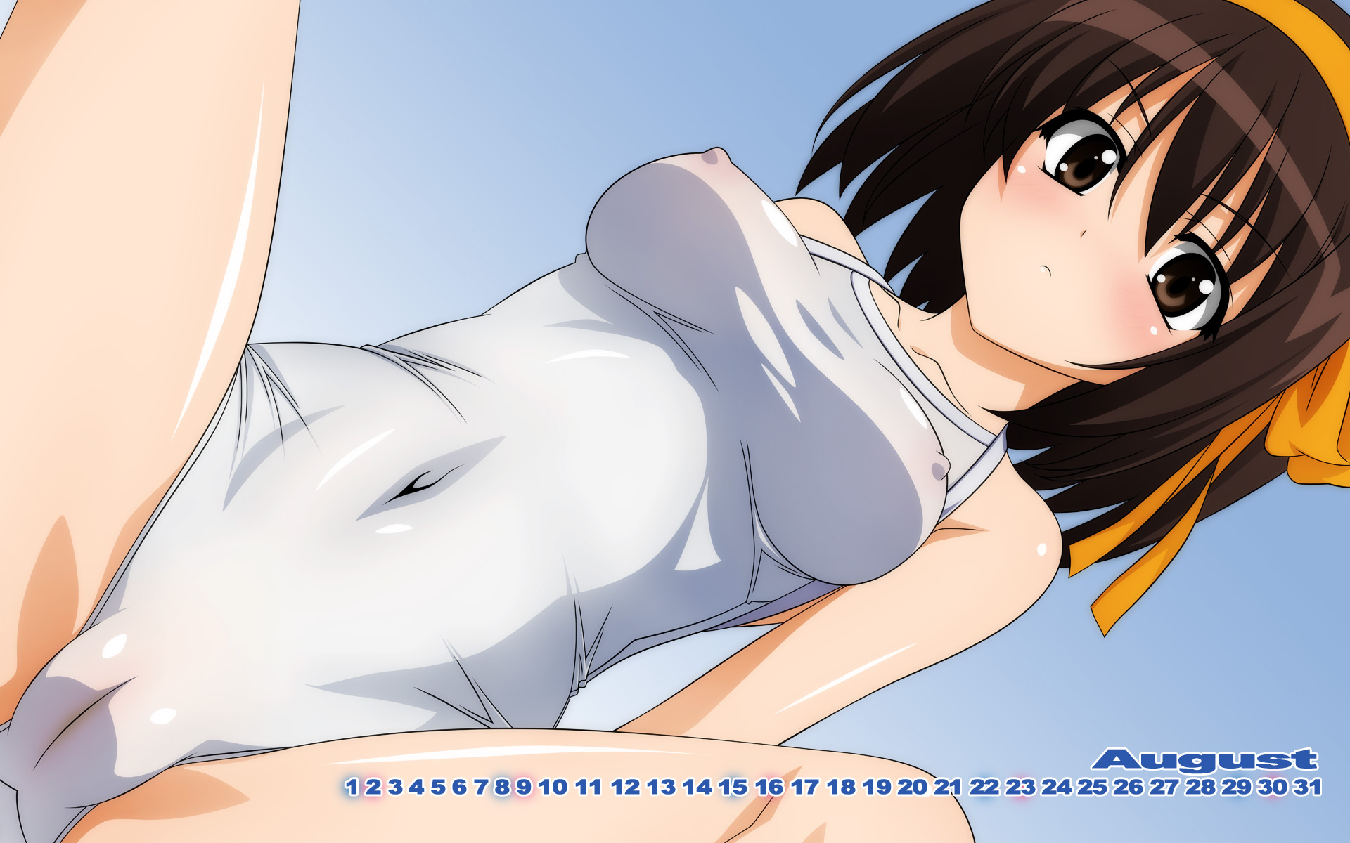 sugimura tomokazu, suzumiya haruhi, suzumiya haruhi no yuuutsu, highres, 00s, 1girl, arm support, august, blue background, blush, breasts, breasts apart, brown eyes, brown hair, calendar, cameltoe, cleft of venus, collarbone, competition school swimsuit, covered erect nipples, covered navel, dutch angle, facing viewer, female focus, frown, gradient background, hair between eyes, hair ribbon, halterneck, looking at viewer, matching hair/eyes, medium breasts, one-piece swimsuit, ribbon, school swimsuit, scowl, sitting, skin tight, solo, spread legs, swimsuit, tareme, thighs, white one-piece swimsuit, yellow ribbon