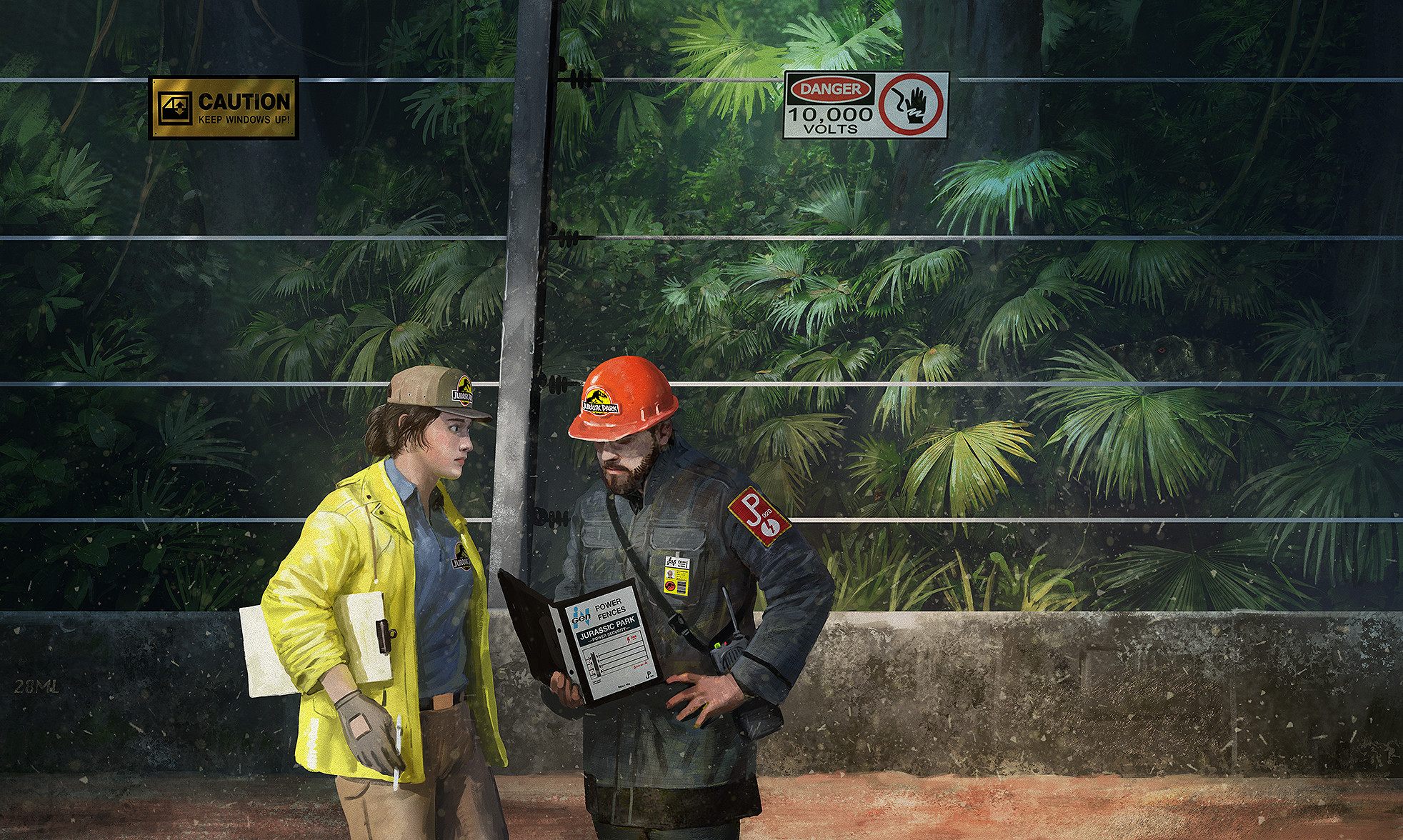 edouard groult, jurassic park, highres, 1boy, 1girl, baseball cap, beard, belt, binder, blue shirt, brown gloves, brown pants, clipboard, coat, collared shirt, concrete, cowboy shot, dinosaur, english text, facial hair, fern, gloves, goatee, hand on own hip, hard hat, hat, helmet, holding, holding pen, jungle, looking at another, name tag, nature, pants, pen, raincoat, shirt, tree, walkie-talkie, yellow coat