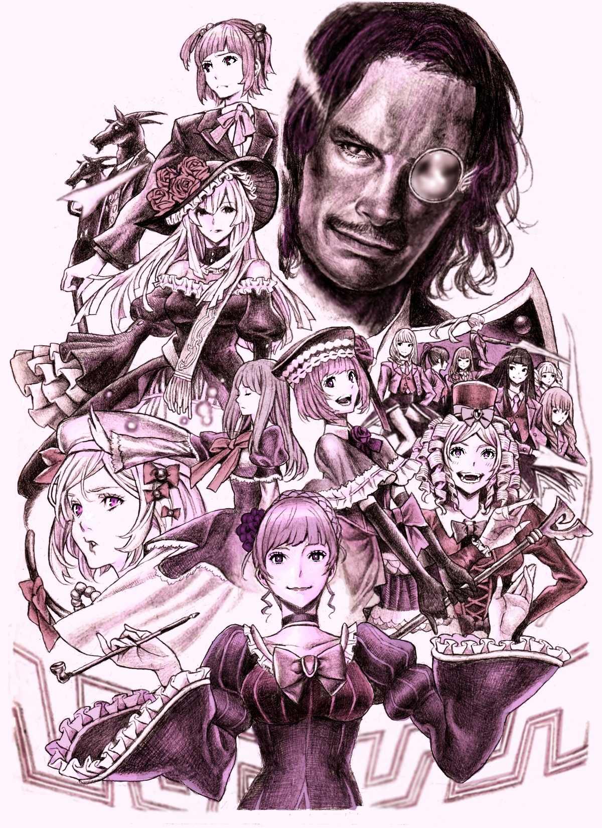 nobita (makoto7060355), asmodeus (umineko), beatrice (umineko), beelzebub (umineko), belphegor (umineko), eva beatrice, frederica bernkastel, gaap (umineko), goatman (umineko), lambdadelta, leviathan (umineko), lucifer (umineko), mammon (umineko), ronove (umineko), satan (umineko), stakes of purgatory, ushiromiya ange, virgilia (umineko), 07th expansion, no naku koro ni (series), umineko no naku koro ni, highres, 00s, 1boy, 6+girls, bow, dress, frills, hair bobbles, hair bun, hair ornament, hat, kiseru, long hair, mini hat, mini top hat, monochrome, monocle, multiple girls, purple theme, short hair, single hair bun, smoking pipe, top hat, very long hair