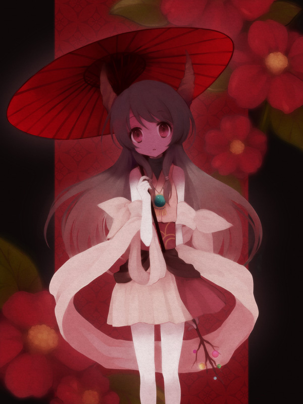 koto (colorcube), staygarden, naga (staygarden), ryuujin naga, bad id, bad pixiv id, 1girl, :o, bare shoulders, branch, brown hair, female focus, flower, horns, jeweled branch of hourai, long hair, looking at viewer, no nose, oil-paper umbrella, red eyes, solo, standing, staring, umbrella