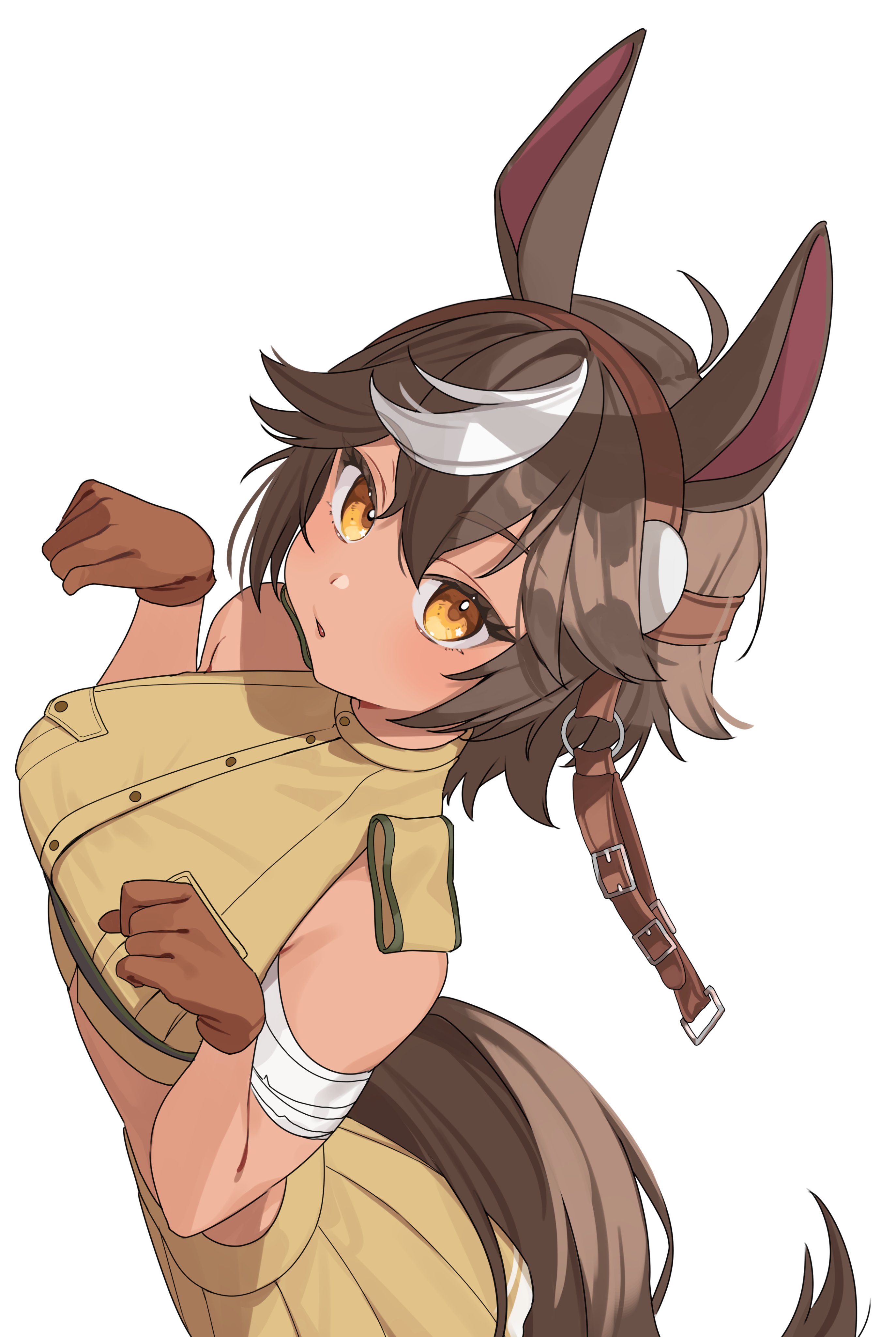 nikuya mugi, tomoe umari, tomoe umari (1st costume), indie virtual youtuber, absurdres, commentary, english commentary, highres, second-party source, 1girl, ahoge, animal ears, brown gloves, brown hair, cropped shirt, gloves, horse ears, horse girl, horse tail, multicolored hair, pleated skirt, shirt, skirt, sleeveless, sleeveless shirt, solo, tail, two-tone hair, virtual youtuber, white background, white hair, yellow eyes, yellow shirt, yellow skirt