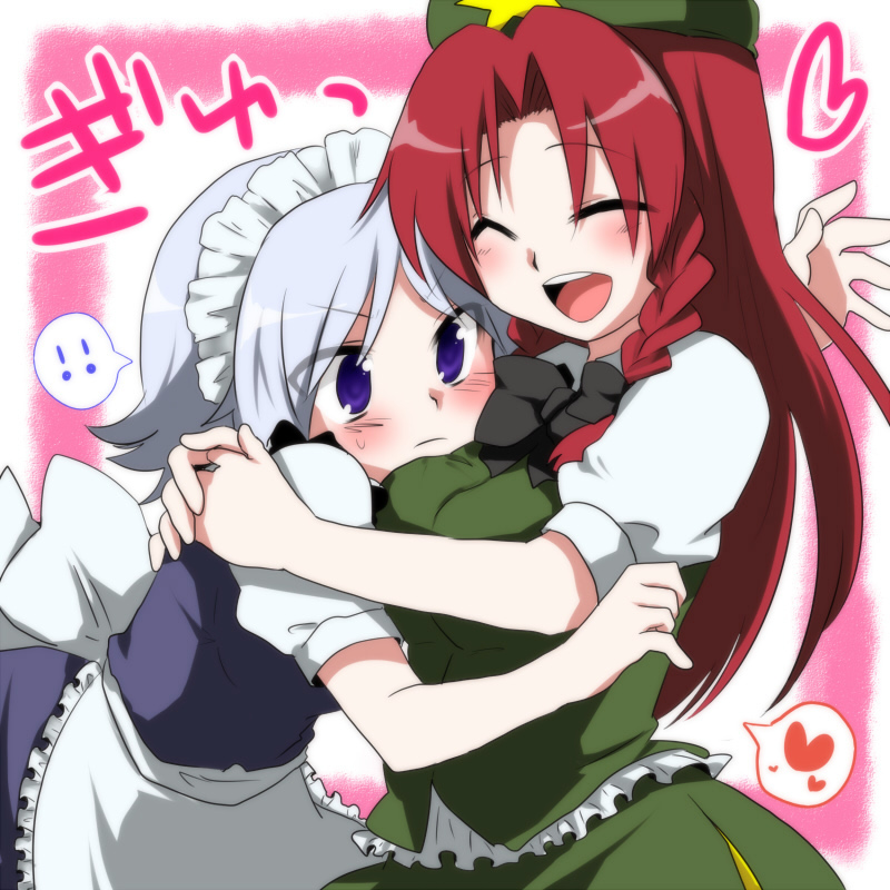 marimo danshaku, hong meiling, izayoi sakuya, embodiment of scarlet devil, touhou, silver hair, bad id, bad pixiv id, !, !!, 2girls, ^ ^, blue eyes, blush, bow, bowtie, braid, closed eyes, female focus, happy, heart, hug, long hair, maid, multiple girls, red hair, ribbon, short hair, spoken heart, surprised