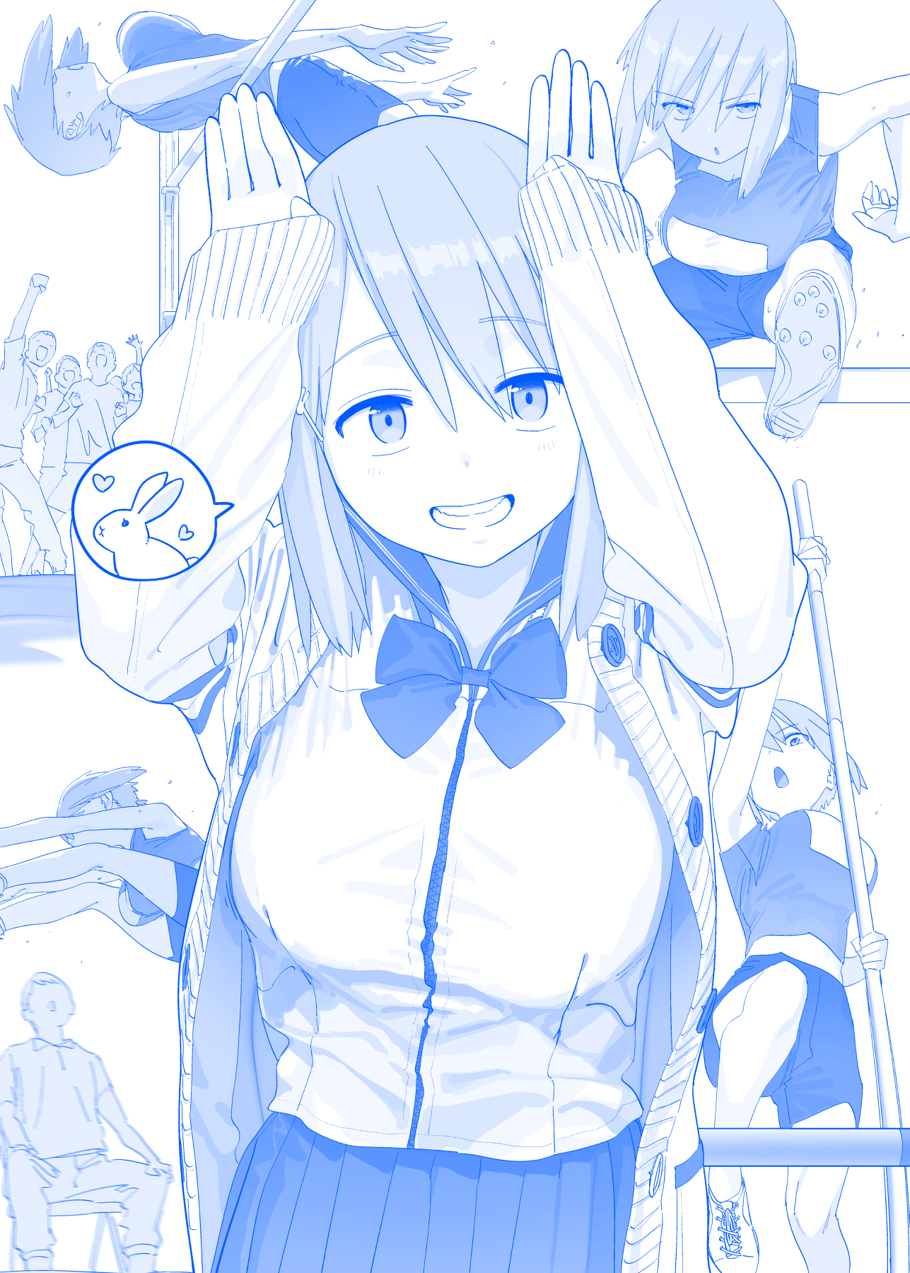 himura kiseki, getsuyoubi no tawawa, commentary request, highres, 1girl, 6+boys, arms up, blue theme, breasts, chair, cleats, heart, hurdle, large breasts, looking at viewer, multiple boys, open mouth, pleated skirt, pole vault, rabbit, rabbit pose, rikujou-bu-chan (tawawa), school uniform, serafuku, shoes, short hair, shorts, skirt, smile