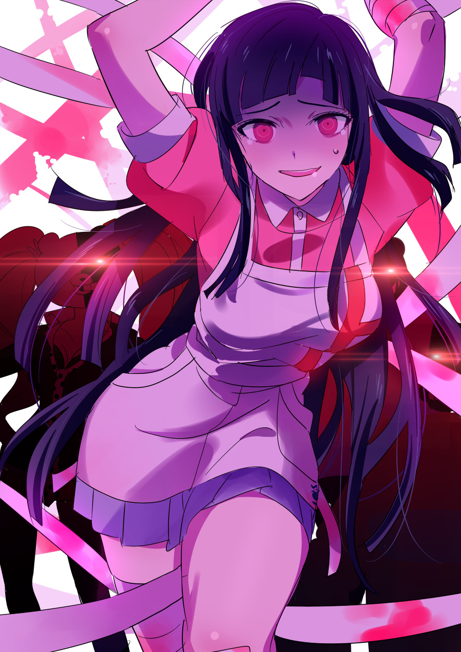 yomosaka, tsumiki mikan, danganronpa (series), danganronpa 2: goodbye despair, commentary request, highres, 1girl, apron, arms up, bandaged leg, bandages, black hair, breasts, collared shirt, long hair, looking at viewer, open mouth, pleated skirt, purple shirt, red eyes, shirt, short sleeves, skirt, solo, sweat, very long hair, white apron