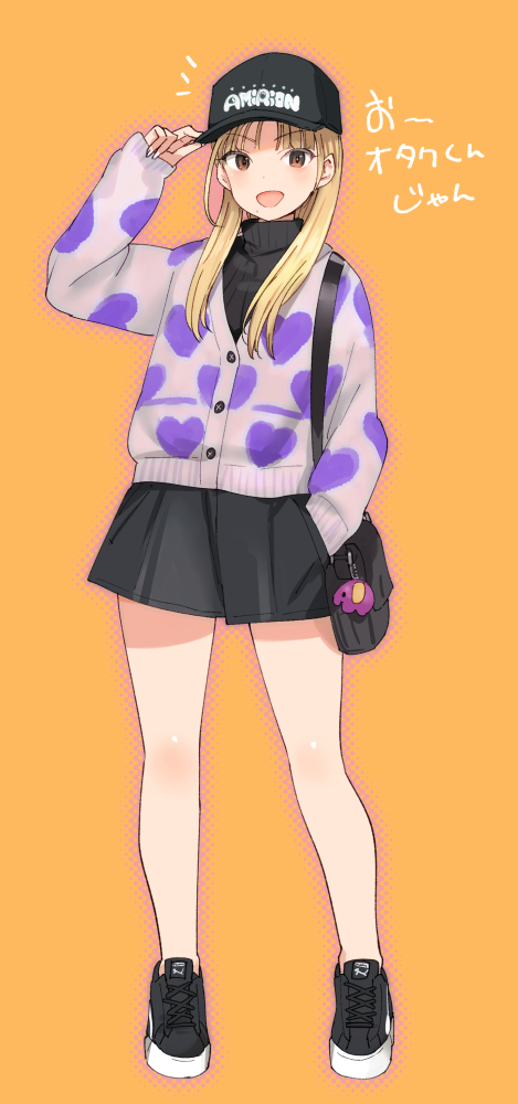 shimada fumikane, character request, commentary request, translation request, adjusting clothes, adjusting headwear, amirion, arm up, baseball cap, black hat, black skirt, black sweater, blonde hair, cardigan, gyaru, hand in pocket, hat, heart, heart print, long hair, looking at viewer, open mouth, purple cardigan, shoes, skirt, smile, sweater