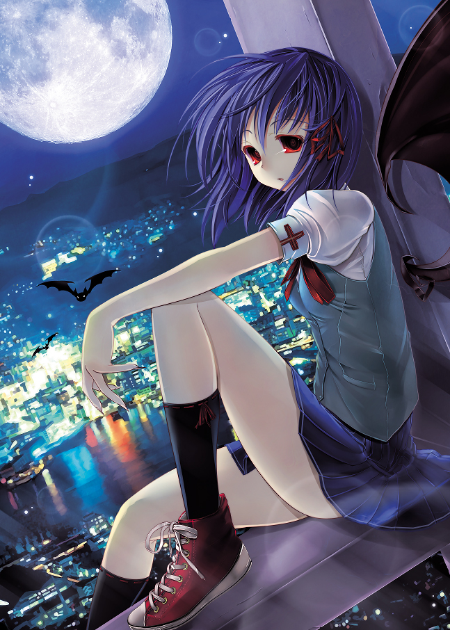scarlet (studioscr), converse, original, bad id, bad pixiv id, 1girl, bat (animal), female focus, full moon, moon, night, outdoors, purple hair, red eyes, school uniform, shoes, sitting, sky, sneakers, solo