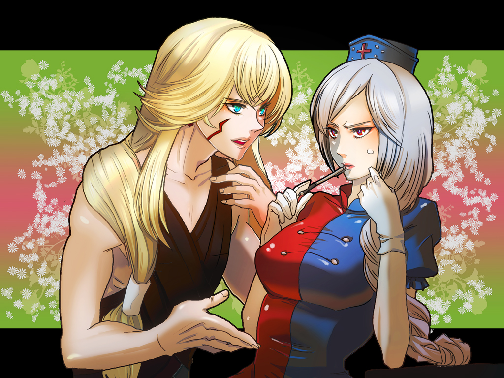 saccharin, kam'lanaut, yagokoro eirin, final fantasy, final fantasy xi, touhou, silver hair, bad id, bad pixiv id, 00s, 1boy, 1girl, aqua eyes, blonde hair, braid, facepaint, gloves, hat, long hair, red eyes