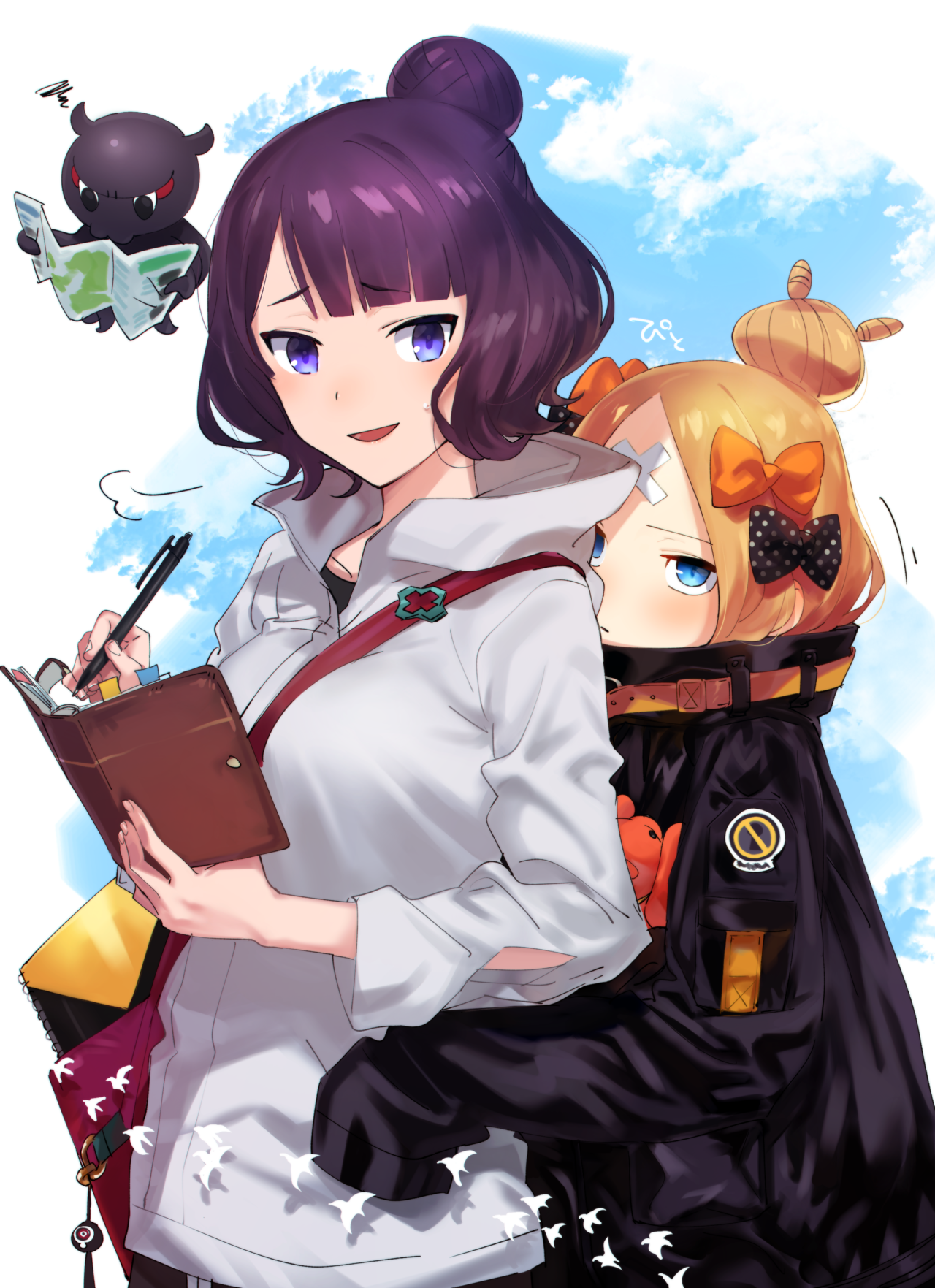 yomosaka, abigail williams (fate), abigail williams (traveling outfit) (fate), katsushika hokusai (fate), katsushika hokusai (traveling outfit) (fate), toto-sama (fate), fate/grand order, fate (series), commentary request, highres, 2girls, bag, bandaid, bandaid on face, bandaid on forehead, black bow, blonde hair, blue eyes, bow, breasts, closed mouth, cloud, crossed bandaids, hair bow, hair bun, holding, holding pen, long sleeves, map, multiple girls, open mouth, orange bow, pen, single hair bun, sky, squiggle