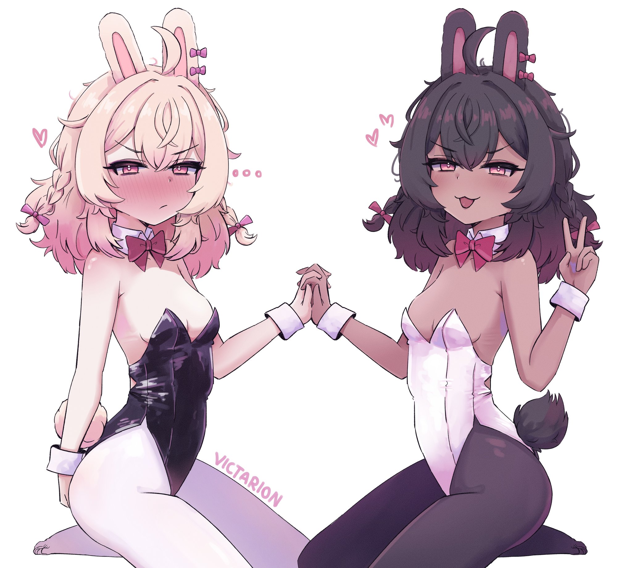 victarionsc, pipkin pippa, phase connect, commentary, english commentary, highres, …, 2girls, :3, ahoge, alternate skin color, animal ears, artist name, bare arms, bare shoulders, black hair, black leotard, black pantyhose, blonde hair, blush, bow, bowtie, breasts, dark-skinned female, dark skin, detached collar, dual persona, frown, gradient hair, heart, holding hands, leotard, long hair, multicolored hair, multiple girls, open mouth, pantyhose, pink eyes, pink hair, rabbit ears, rabbit girl, rabbit tail, red bow, red bowtie, simple background, small breasts, smile, strapless, strapless leotard, tail, v, virtual youtuber, white background, white leotard, white pantyhose, wrist cuffs