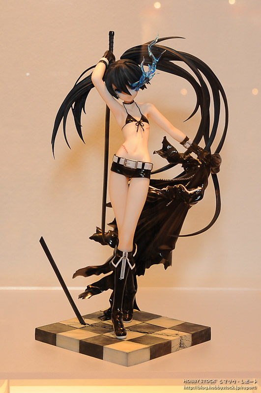 black rock shooter (character), black rock shooter, photo (medium), 10s, bikini, bikini top only, black boots, black hair, boots, coat, figure, figure (medium), flat chest, scar, shorts, smile, solo, swimsuit, sword, twintails, weapon