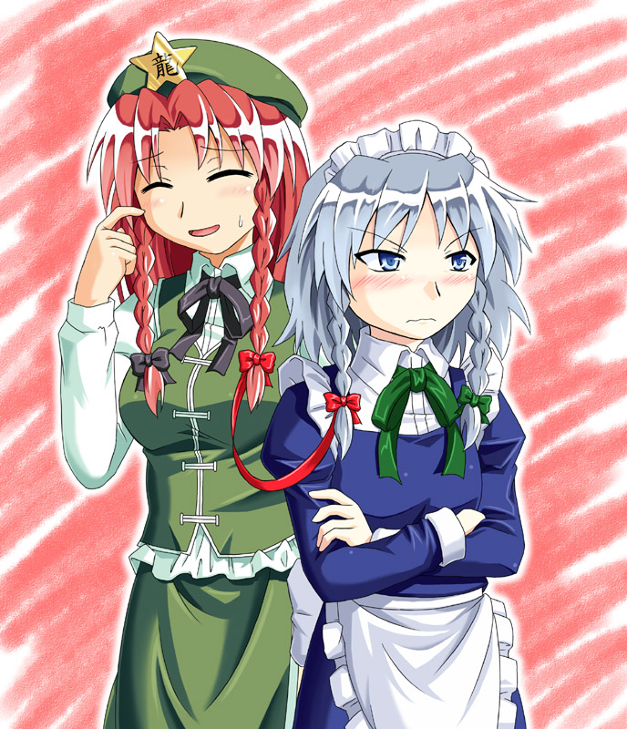 beni (bluebluesky), beni (pixiv), hong meiling, izayoi sakuya, embodiment of scarlet devil, touhou, 2girls, breasts, dress, female focus, hairband, hat, maid, multiple girls, ribbon, short hair, skirt