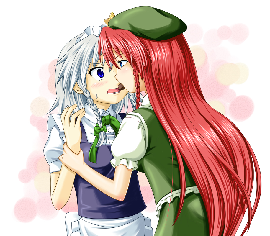 beni (bluebluesky), beni (pixiv), hong meiling, izayoi sakuya, embodiment of scarlet devil, touhou, silver hair, 2girls, blush, female focus, hairband, hat, multiple girls, red hair, ribbon, yuri