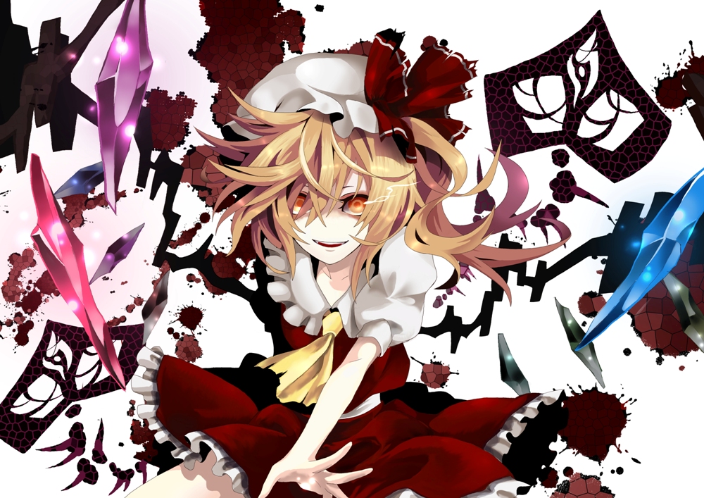 kyo zip, flandre scarlet, touhou, bad id, bad pixiv id, 1girl, blonde hair, blood, bow, dress, female focus, hat, kona-ta, orange eyes, smile, solo, wings