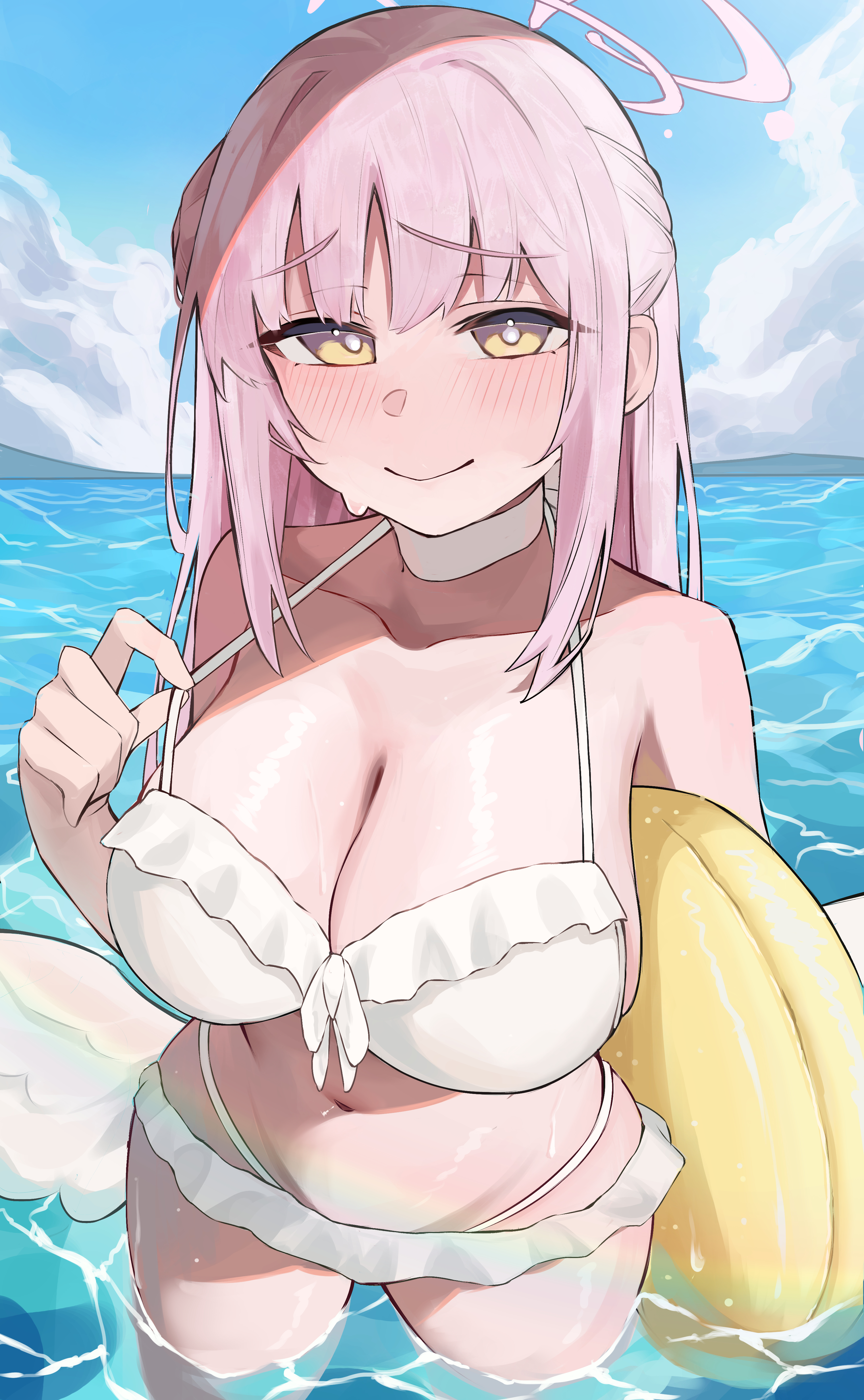 touch (uo2iqsbub291352), mika (blue archive), mika (swimsuit) (blue archive), blue archive, absurdres, commentary request, highres, beach, bikini, blush, halo, looking at viewer, ocean, smile, swimsuit, upper body, white bikini