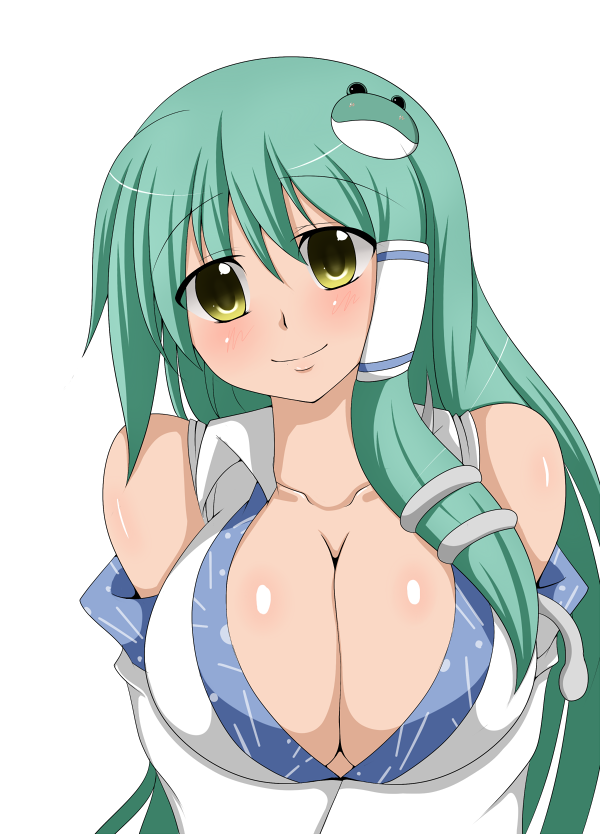 zefyu, kochiya sanae, touhou, 1girl, blush, breasts, cleavage, female focus, frog, green hair, hair ornament, huge breasts, simple background, solo, upper body, white background