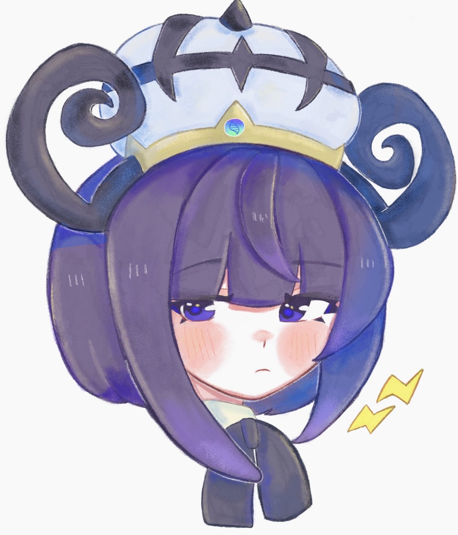 gwynn (pokemon), nintendo, pokemon, pokemon legends: z-a, commentary request, highres, 1girl, black ribbon, blue hair, blunt bangs, blush, bob cut, closed mouth, gradient hair, hat, looking at viewer, mega stone, multicolored hair, neck ribbon, portrait, purple eyes, purple hair, ribbon, short hair, solo, usa130731, white background