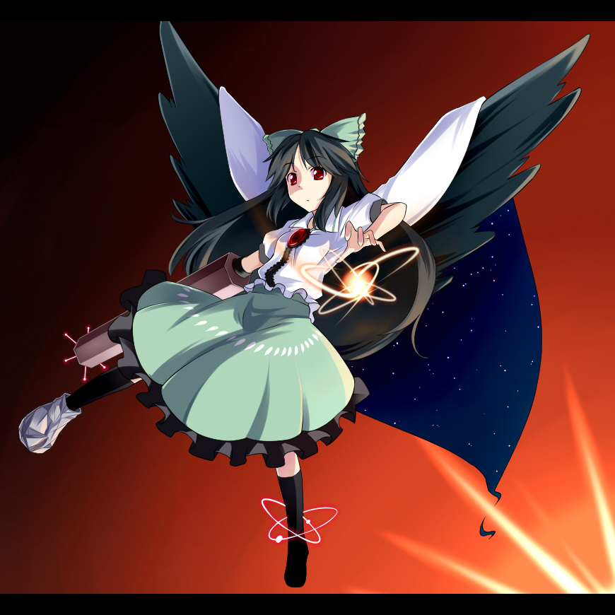 batsu, reiuji utsuho, touhou, 1girl, :o, arm cannon, black hair, bow, cape, female focus, flying, hair bow, letterboxed, long hair, looking afar, red eyes, ribbon, solo, weapon, wings