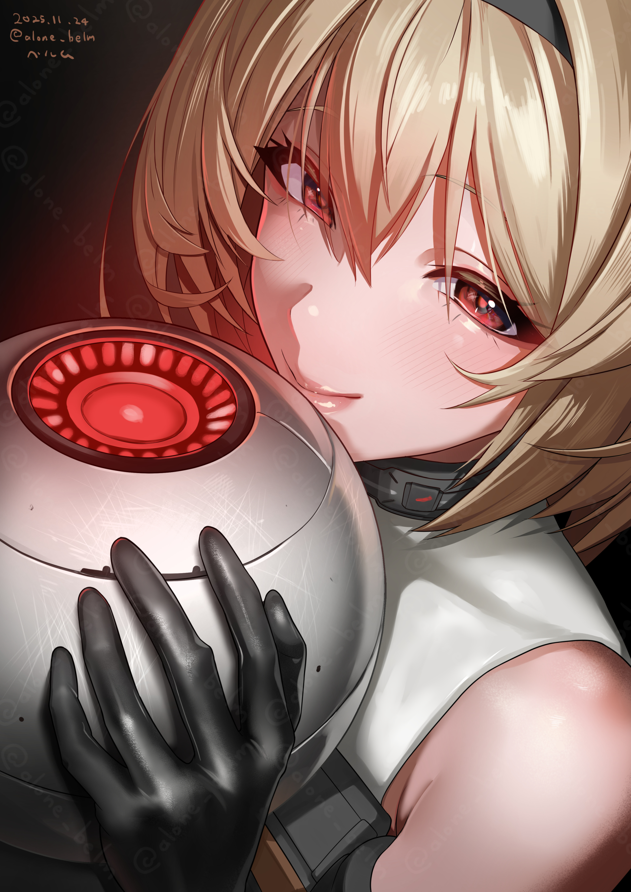 alone belm, red shoes (nikke), goddess of victory: nikke, absurdres, commentary request, highres, 1girl, bare shoulders, black gloves, black hairband, blonde hair, closed mouth, covered collarbone, dated, elbow gloves, from above, gloves, hair between eyes, hairband, holding, leotard, looking at viewer, medium hair, red background, red eyes, sidelocks, smile, solo, twitter username, upper body, watermark, watermark grid, white leotard