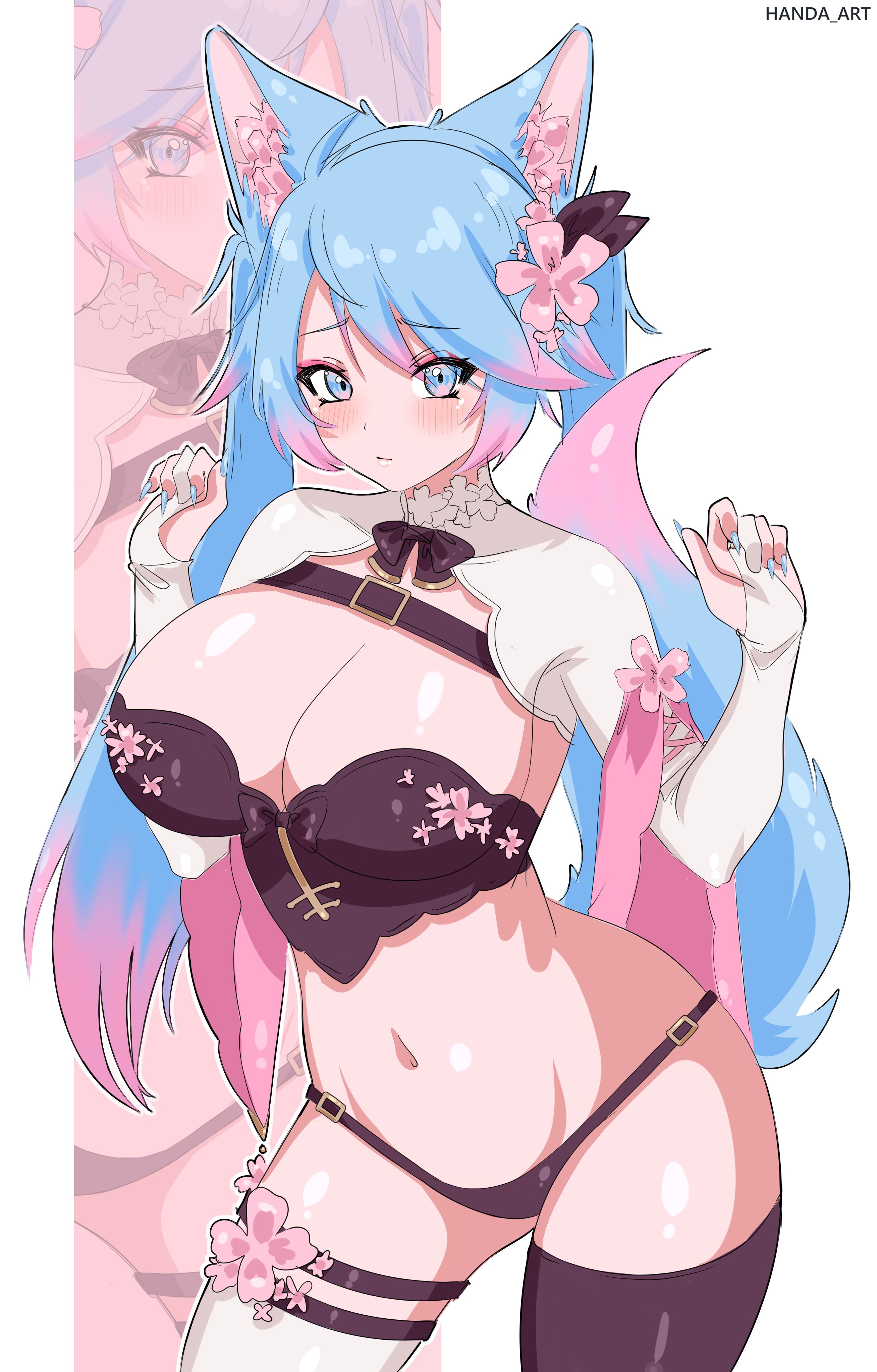 silvervale, indie virtual youtuber, absurdres, commentary, english commentary, highres, 1girl, animal ears, artist name, asymmetrical legwear, black thighhighs, blue eyes, blue hair, blue nails, blush, breasts, cleavage, colored tips, flower, hair flower, hair ornament, handa art, long hair, mismatched legwear, multicolored hair, navel, pink flower, pink hair, shrug (clothing), tail, thighhighs, virtual youtuber, white shrug, white thighhighs, wolf ears, wolf girl, wolf tail