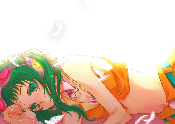 ichihara misaki, gumi, vocaloid, bad id, bad pixiv id, 1girl, belt, feathers, female focus, goggles, green eyes, green hair, headphones, headset, lying, matching hair/eyes, midriff, navel, on side, short hair, skirt, solo, tears, white background