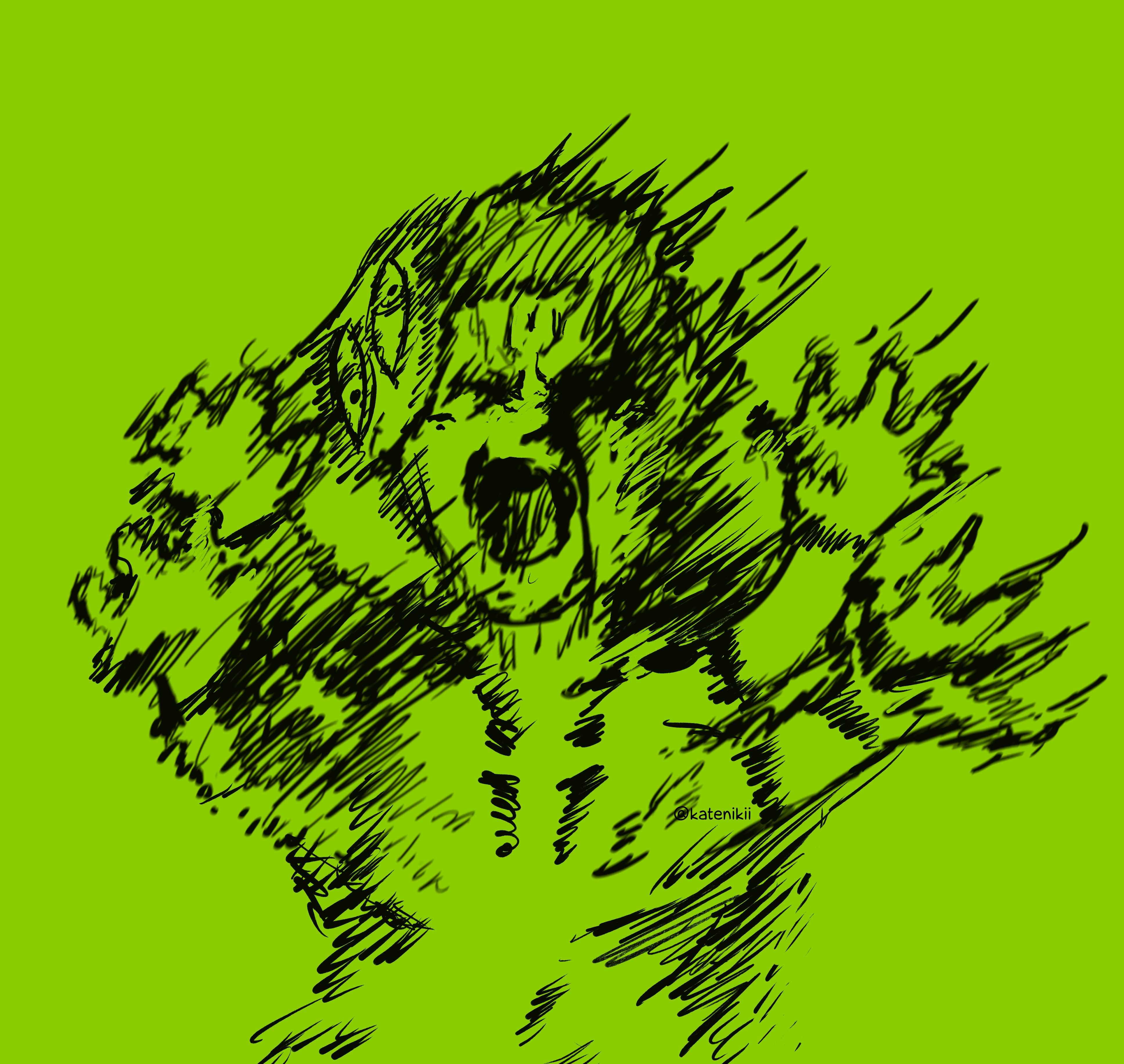 ryoumen sukuna (jujutsu kaisen), ryoumen sukuna (true form) (jujutsu kaisen), brat (charli xcx), jujutsu kaisen, absurdres, highres, 1boy, ai-generated art (topic), album cover, ash baby (meme), baby, cover, disintegration, extra arms, green theme, katenikii, male focus, meme, parody, screaming, simple background, sketch, solo, style parody, twitter username