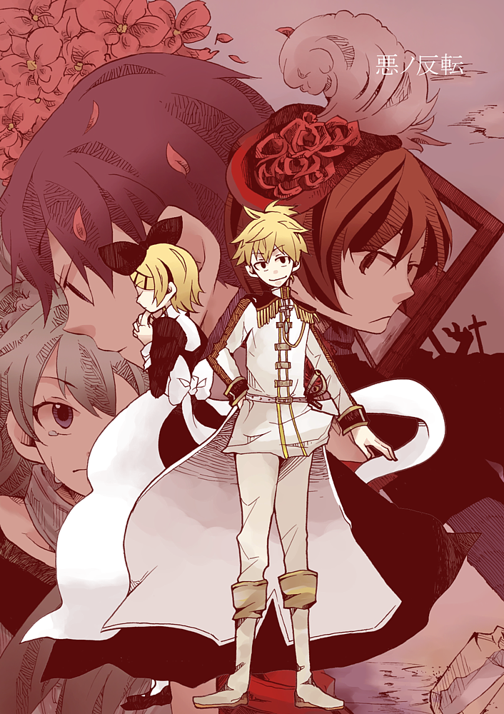 tantyo, allen avadonia, hatsune miku, kagamine len, kagamine rin, kaito (vocaloid), meiko (vocaloid), riliane lucifen d'autriche, aku no hanten, aku no musume (vocaloid), evillious nendaiki, vocaloid, bad id, bad pixiv id, 2boys, 3girls, blonde hair, dress, flower, formal clothes, hair ornament, hair ribbon, hairclip, multiple boys, multiple girls, ribbon, rose, short hair, siblings, smile, twins