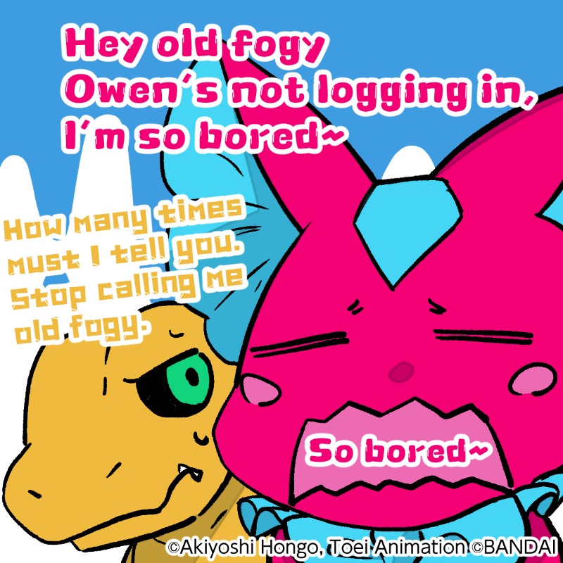 agumon, elizamon, digimon, digimon liberator, official art, black sclera, colored sclera, digimon (creature), green eyes, looking at another